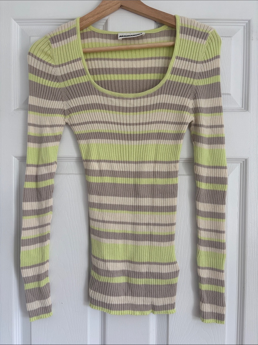Armedangels Lime & light Grey Striped Ribbed Long Sleeve Scoop Top